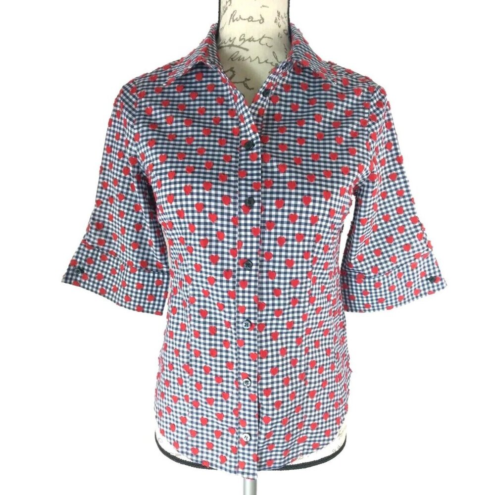 Etcetera Women's Button Up Shirt Love 3/4 Sleeve Hearts Gingham Size 0 READ